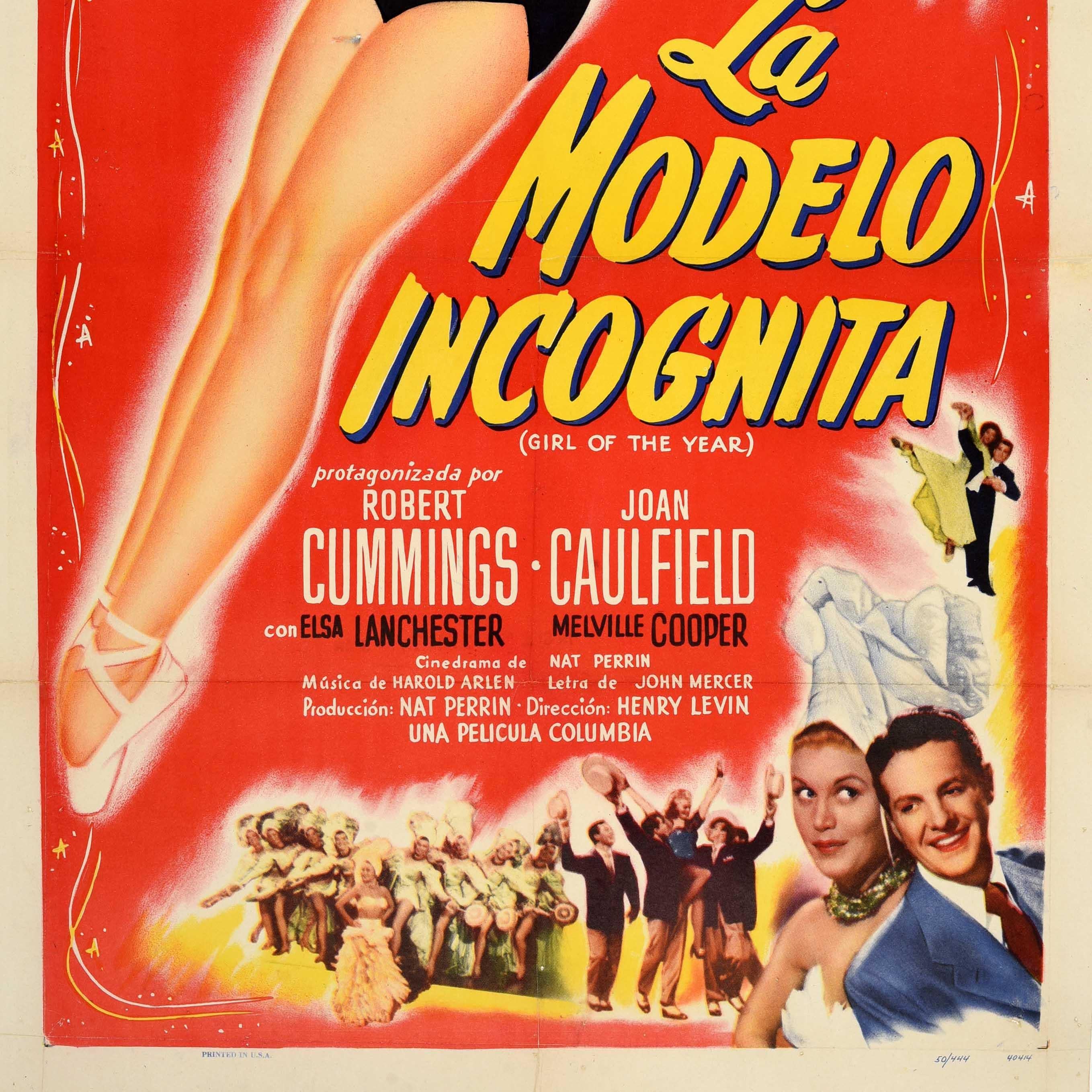 Originales Vintage-Filmplakat für La Modelo Incognita / Girl of the Year - Das Design zeigt Joan Caulfields Figur in einem Trikot und Ballettschuhen, die sich über den fetten gelben Titel auf rotem Hintergrund legt. Unten sind weitere Szenen aus dem