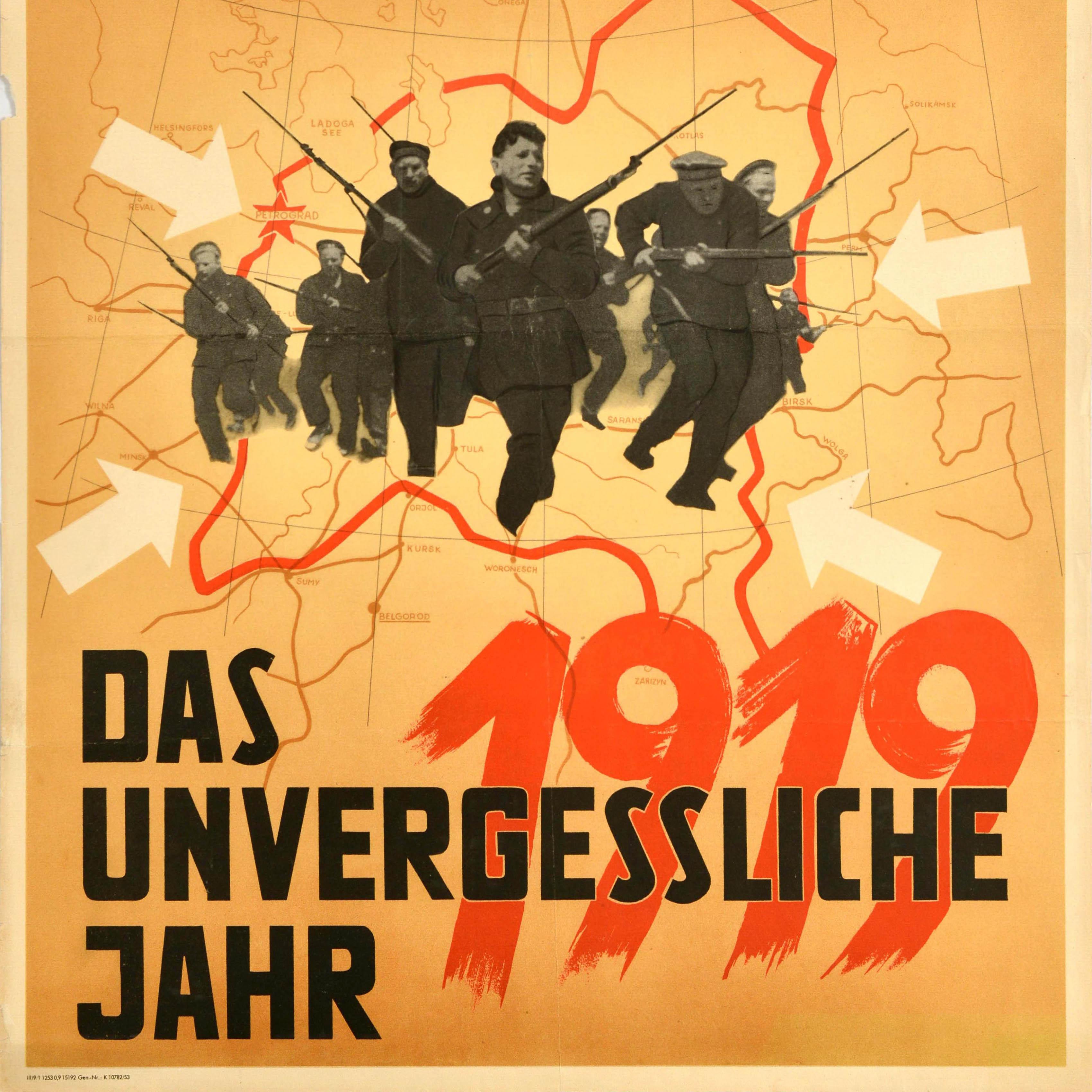 Original vintage movie poster for the German release of the 1951 Russian Civil War drama film about the attack on Petrograd between the White Army and Red Army directed by Mikheil Chiaureli - The Unforgettable Year 1919 / Das Unvergessliche Jahr