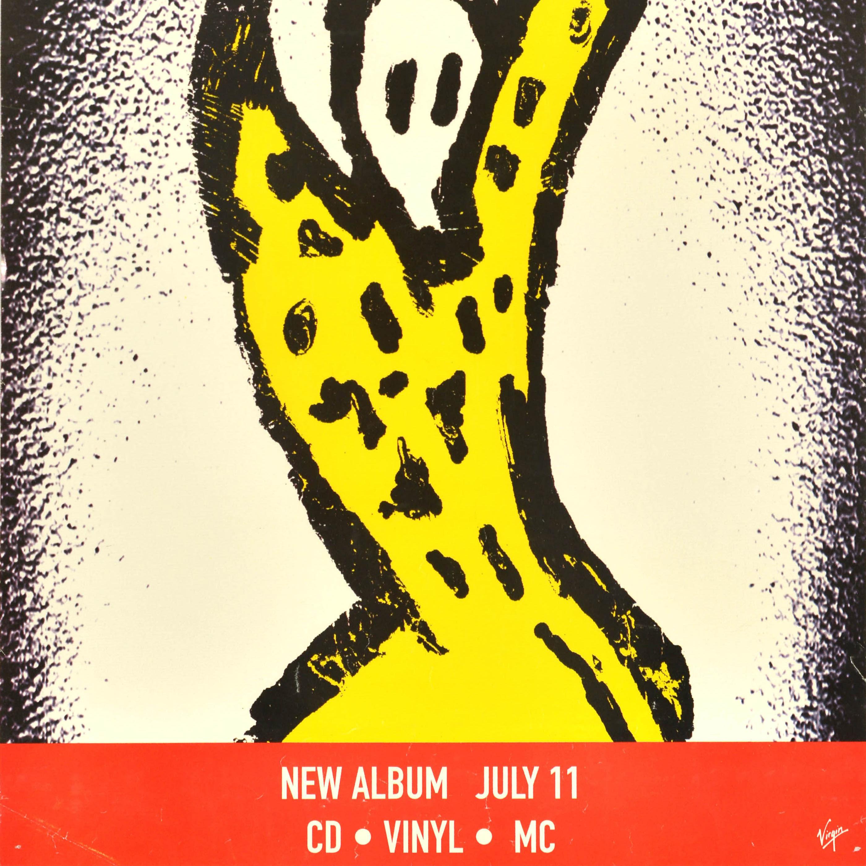 Original Vintage-Werbeplakat für das Album Voodoo Lounge der Rolling Stones mit einem Entwurf des Bandmitglieds Keith Richards, der eine Silhouette in Gelb und Schwarz mit dem Titeltext darüber und Informationen über das Erscheinungsdatum des neuen