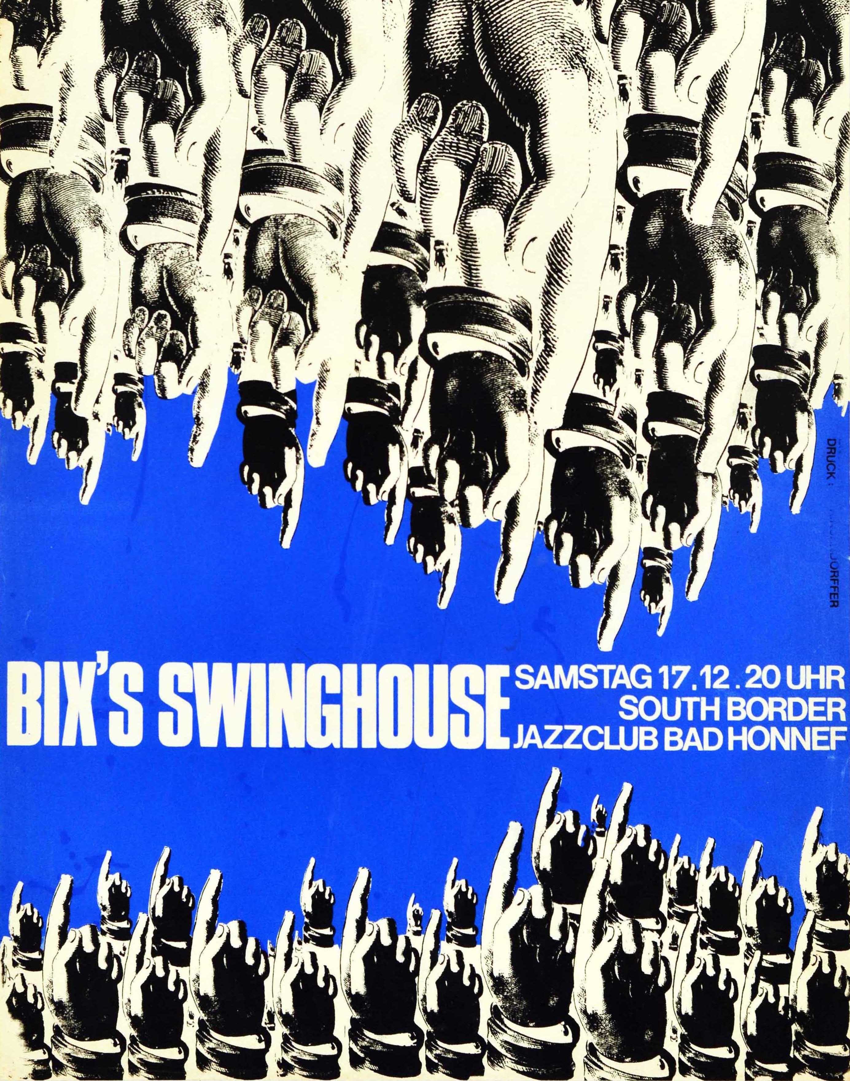 Original cartel publicitario de música de época para Bix's Swinghouse en el Club de Jazz South Border de Bad Honnef el sábado 17 de diciembre, con un diseño de collage en blanco y negro de manos en la parte superior e inferior señalando con un dedo