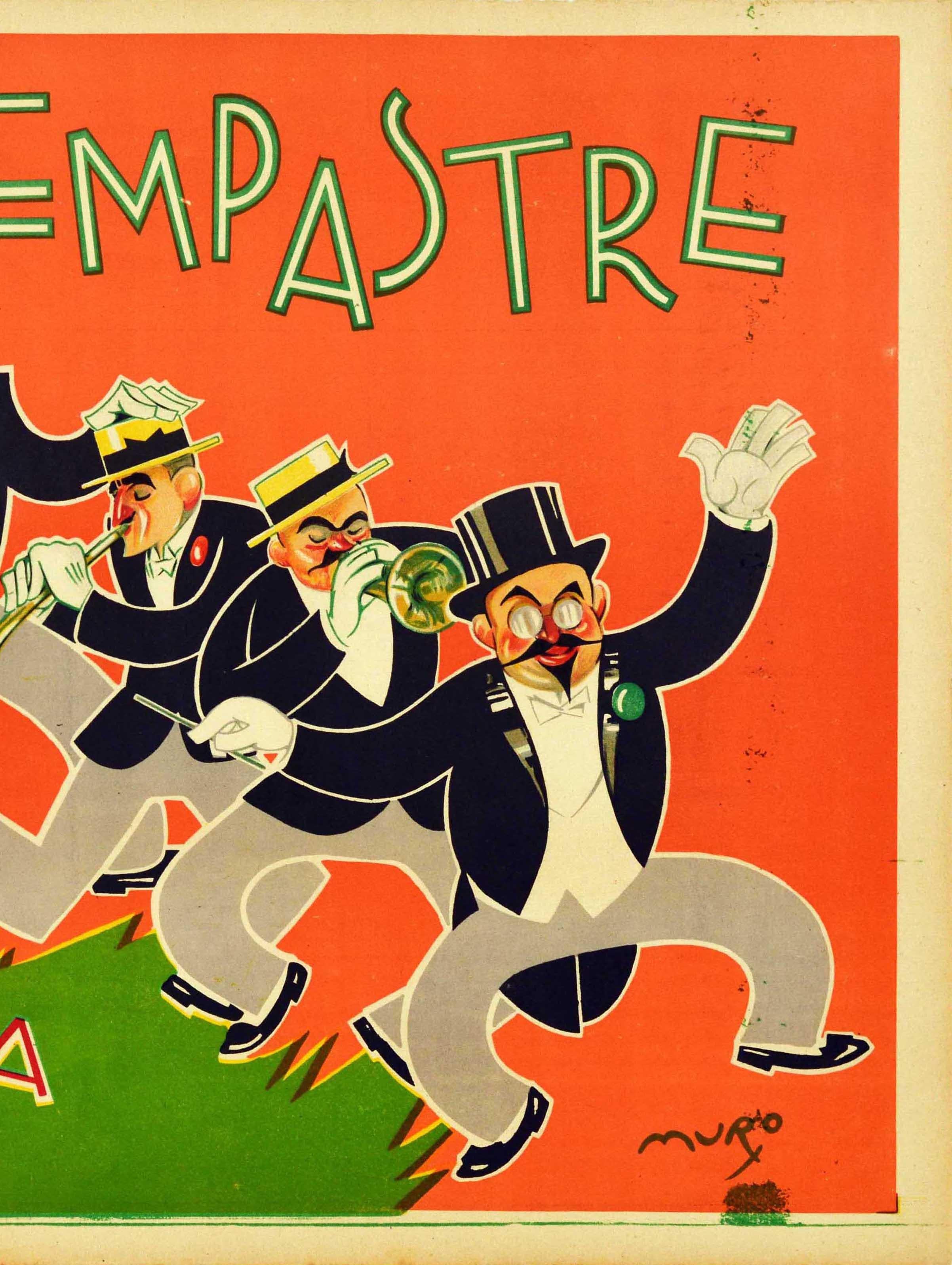 Poster musicale originale d'epoca per El Empastre La Mejor Banda Comica del Mundo / The Best Comedy Band in the World con un divertente disegno che raffigura i musicisti della banda jazz con i loro strumenti, tra cui un tamburo, un sassofono e una