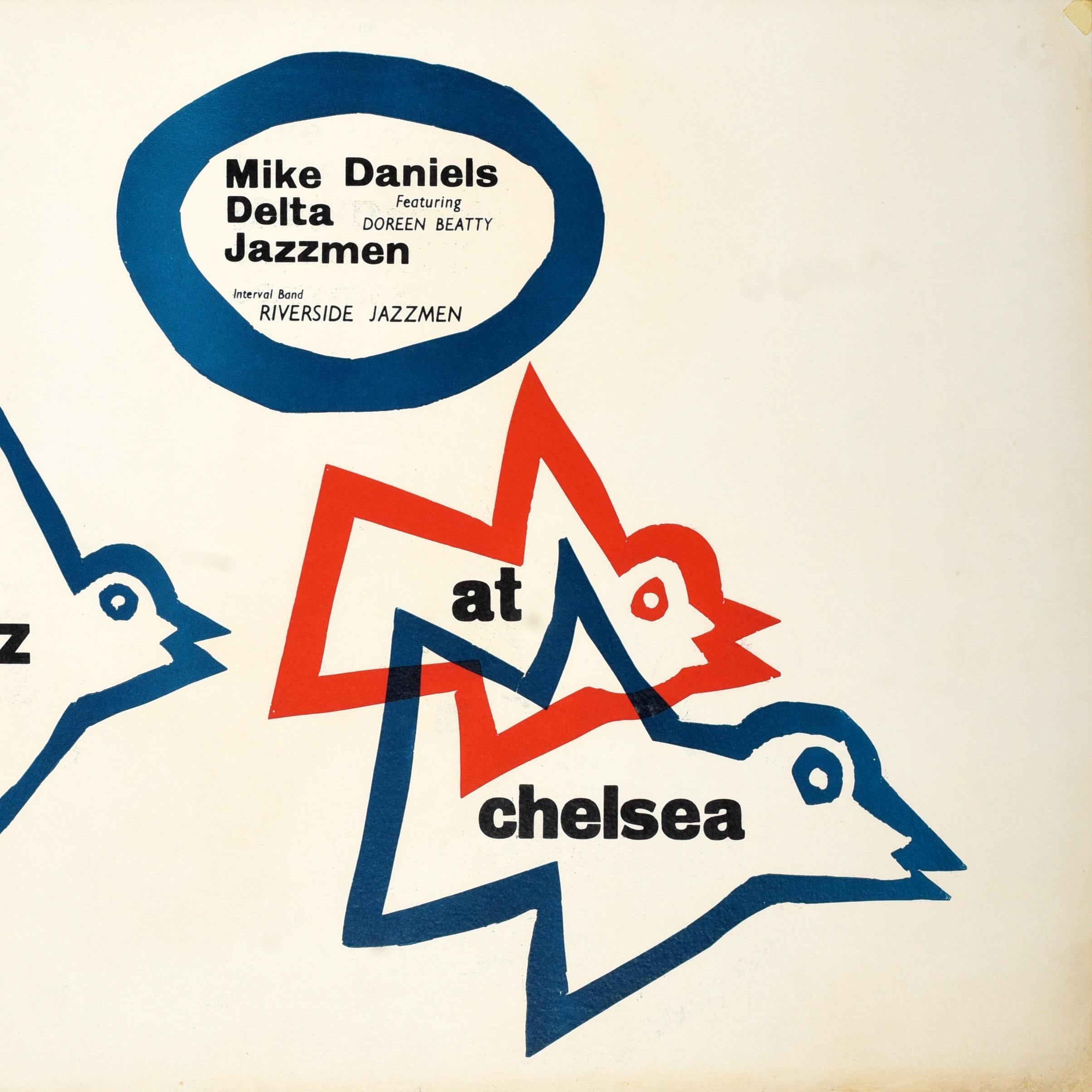 Original vintage music poster advertising a Jazz At Chelsea performance by Mike Daniels Delta Jazzmen featuring Doreen Beatty with an Interval Band the Riverside Jazzmen at Chelsea College Manresa Road SW3 on Saturday 12 November from 7:30-11:30