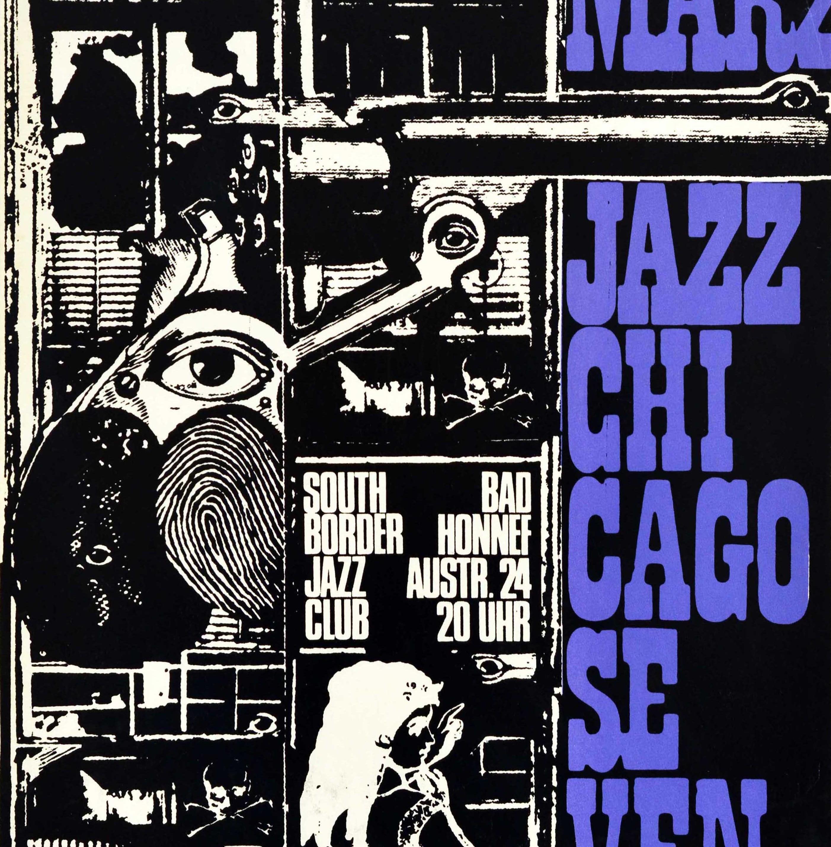 Affiche publicitaire originale pour le Jazz Chicago Seven au South Border Jazz Club Bad Honnef le 11 mars, présentant un design abstrait en noir et blanc avec le texte du titre en gras sur le côté et dans l'image. Ouvert en 1968 à Bad Honnef près de