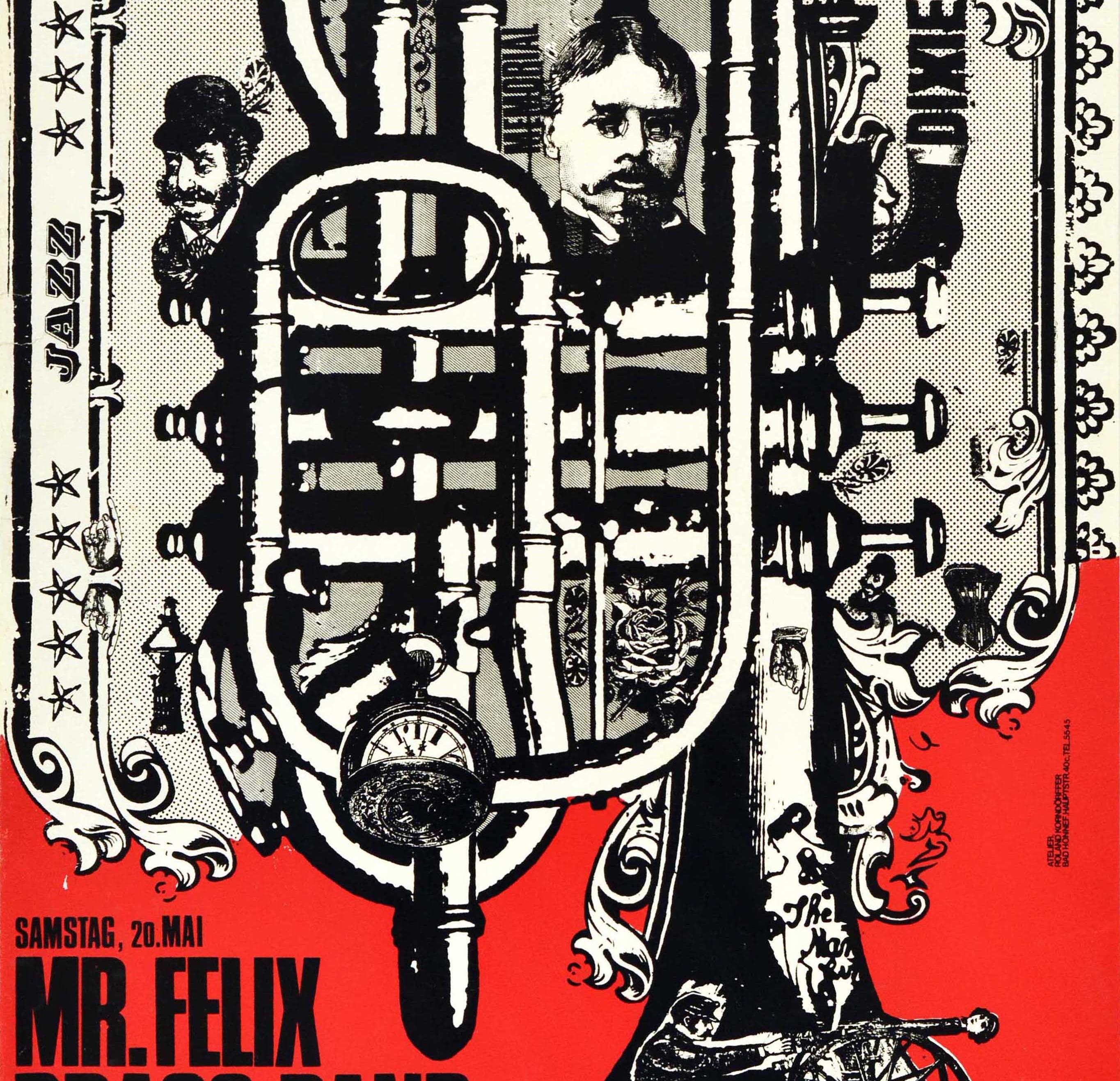 Original-Werbeplakat für die Brass Band Felix im South Border Jazz Club in Bad Honnef am Samstag, den 20. Mai. Das Plakat zeigt ein schwarz-weißes Motiv mit einer Trompete in der Mitte in einem dekorativen Blumenrahmen, die Worte Jazz und Dixie im