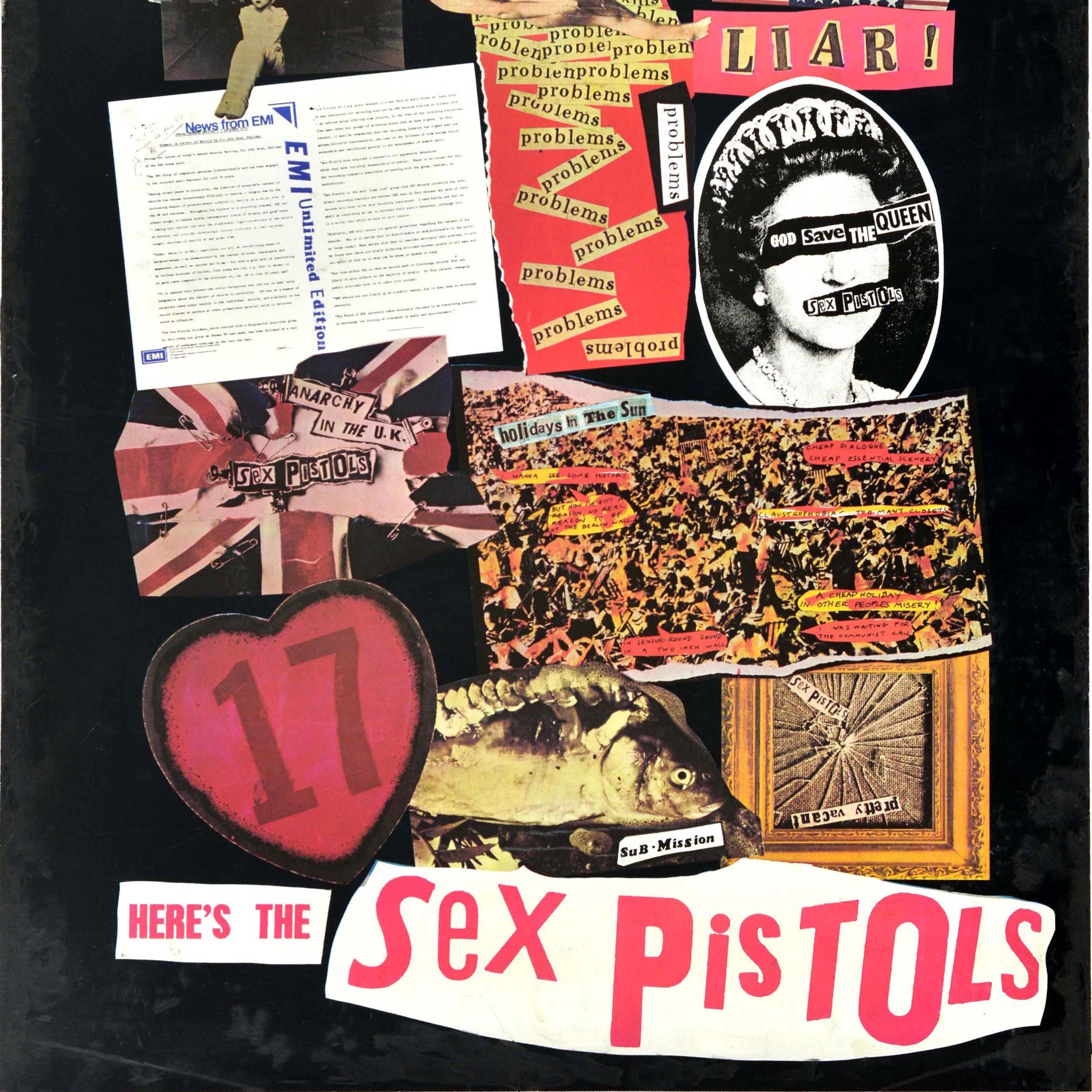 Original vintage music poster for Never Mind the Bollocks Here's the Sex Pistols album release featuring a colourful collage design depicting buildings with No Feelings above, people sunbathing and the word Bodies in the middle, the Statue of