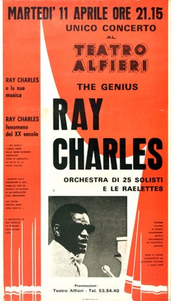 Original Vintage-Musikplakat, „The Genius Ray Charles“, Single Concert Turin, Italien