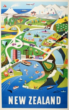 Original Vintage Oceania Travel Poster New Zealand North Island Dennis Beytagh
