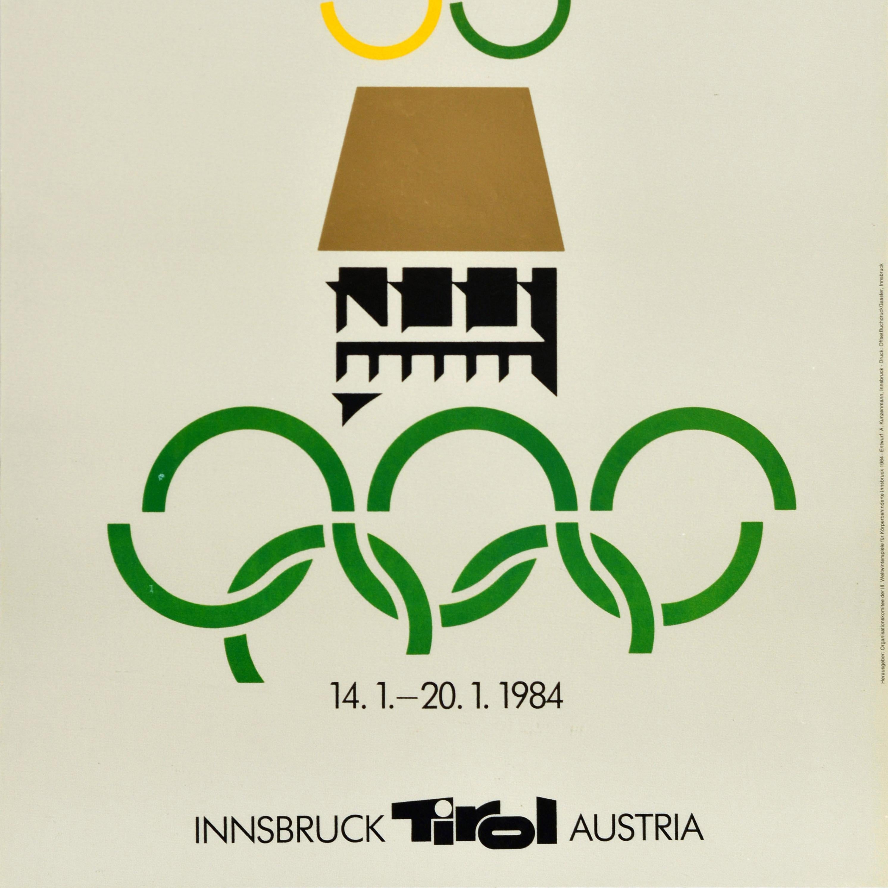 Affiche sportive originale vintage des Jeux Olympiques pour les Jeux Paralympiques d'hiver qui se sont déroulés à Innsbruck, Tyrol, Autriche, du 14 au 20 janvier 1984, avec le texte en allemand, anglais et français - III Weltwinterspiele fur