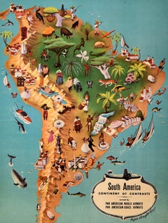 Original Vintage Pan Am Travel Map Poster South America Continent Of Contrasts