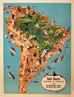 Affiche rétro originale d'une carte de voyage Pan Am d'Amérique du Sud, Continent des contrastes