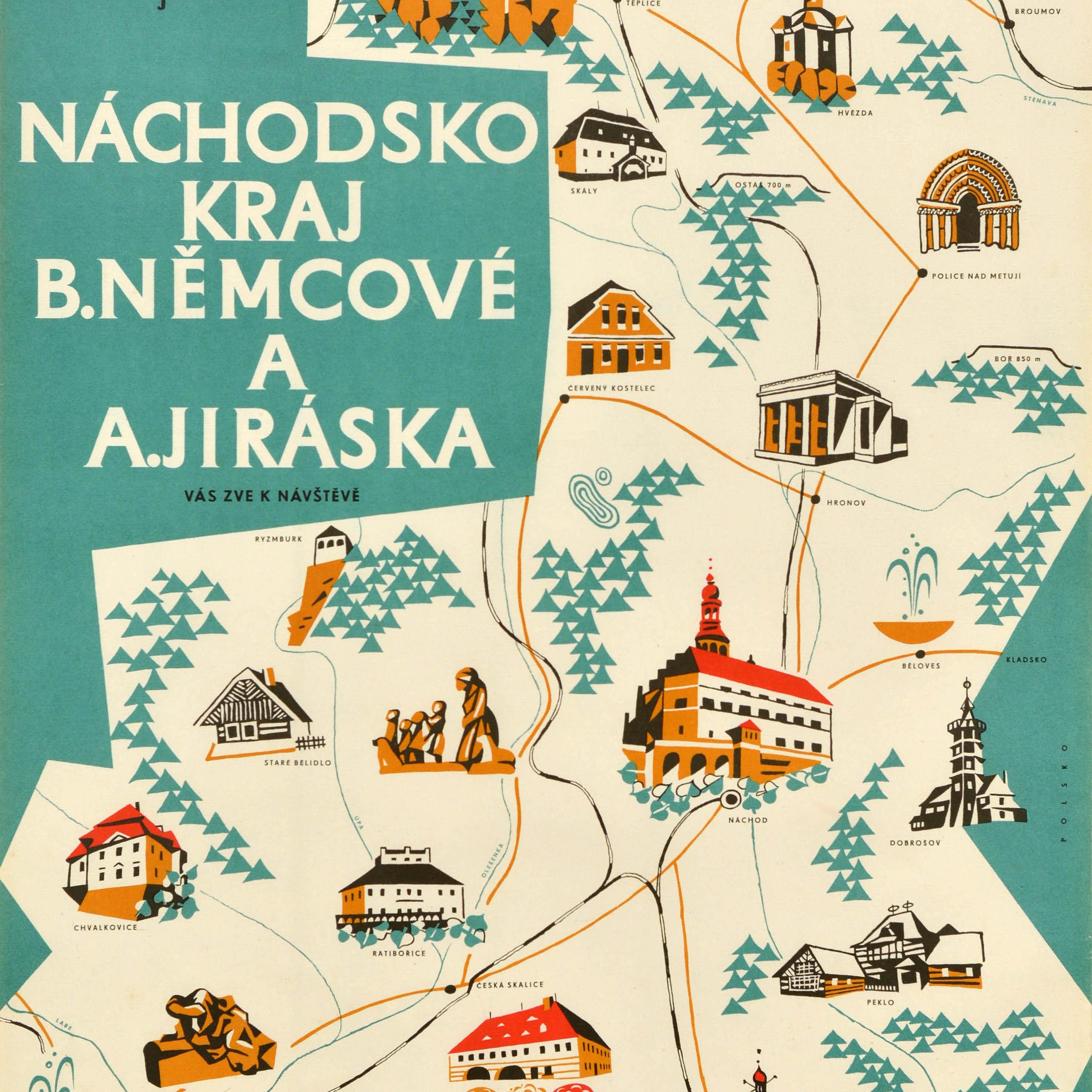 Original vintage pictorial travel map Nachod Region B. Nemcove and A. Jiraska invite you to visit / Nachodsko Kraj B. Nemcove a A. Jiraska vas zve k navsteve, featuring a pictorial map of Nachod Region marking the local places of interest with