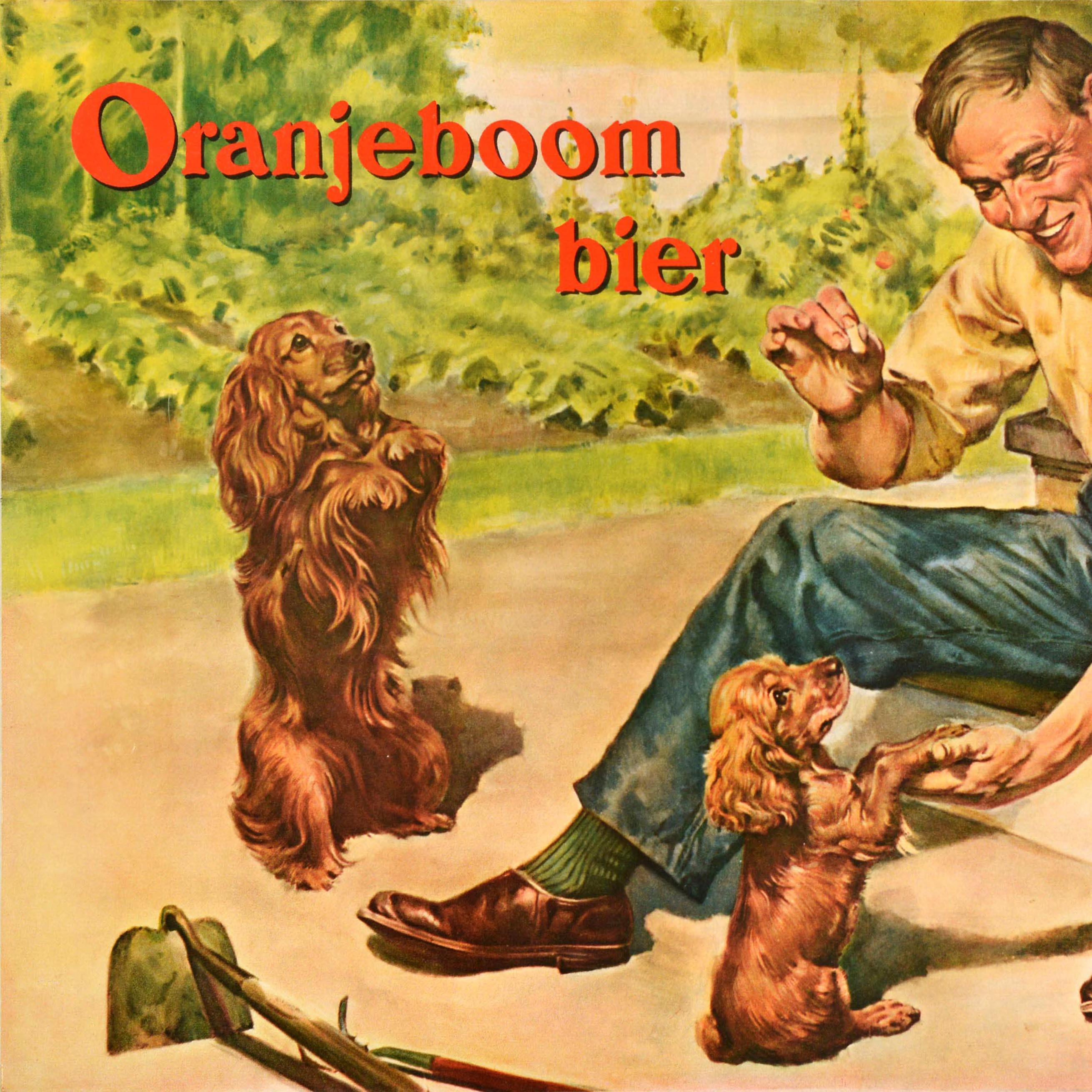 Original vintage pilsener beer drink advertising poster for Oranjeboom Bier featuring a great illustration of a worker sitting on a veranda step taking a break from gardening and enjoying a glass of beer and a sandwich while teaching a puppy tricks