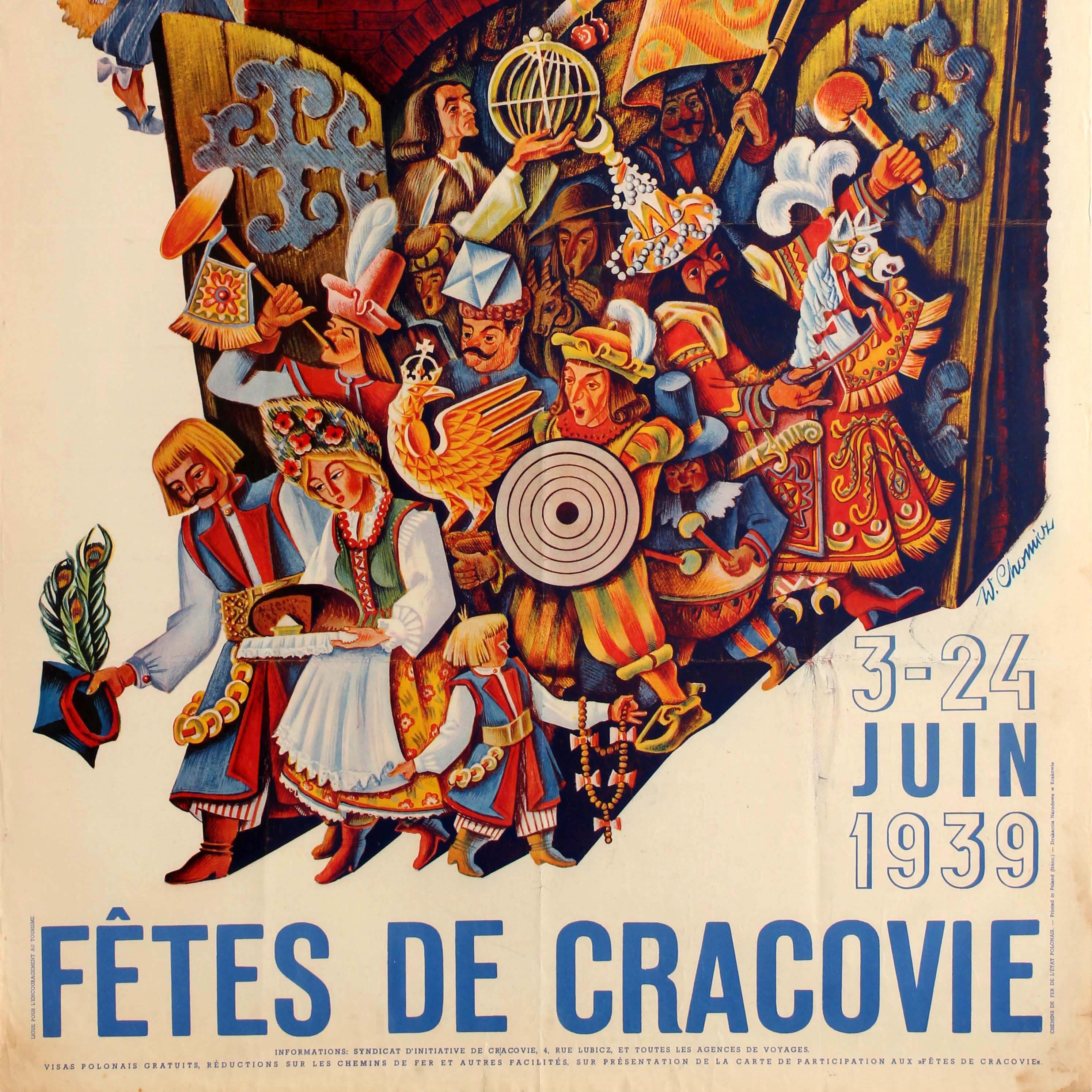 Original vintage Polish State Railways train travel poster advertising the Krakow Festival in Poland / Pologne Fetes de Cracovie on 3-24 June 1939 featuring a colourful design depicting ladies wearing traditional dresses and men in folk tunics and