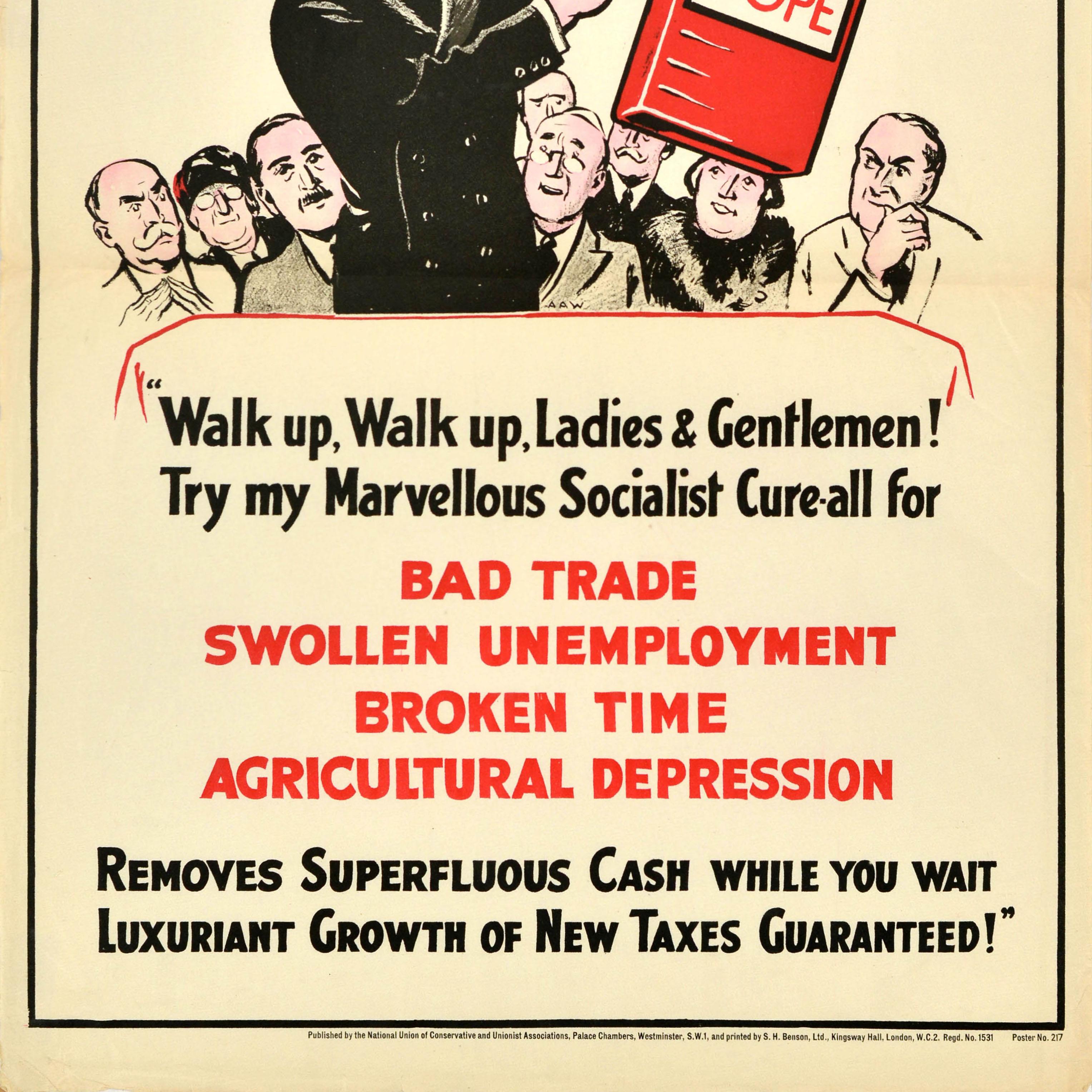 Originales politisches Propagandaplakat im Vintage-Stil - Der Geizkragen! Aufstehen, aufstehen, meine Damen und Herren! Versuchen Sie mein fabelhaftes sozialistisches Allheilmittel für schlechten Handel Geschwollene Arbeitslosigkeit Gebrochene Zeit