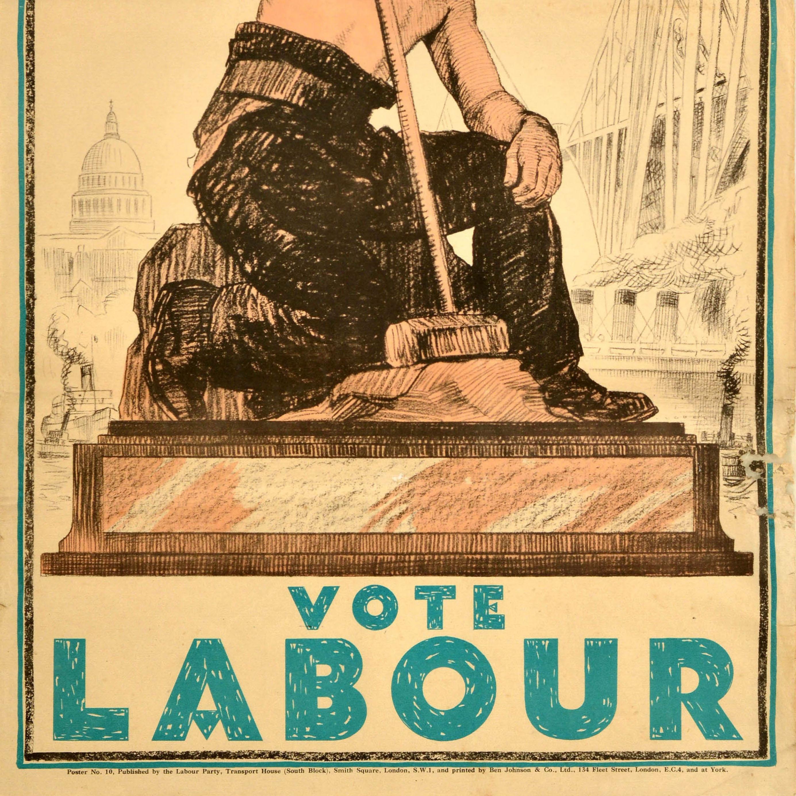 Manifesto di propaganda politica originale d'epoca per le elezioni generali del Regno Unito del 1929 - Secure Industrial Prosperity Vote Labour - con un'opera d'arte del grafico e cartellonista britannico Verney L. Danvers (Verney Lionel Danby
