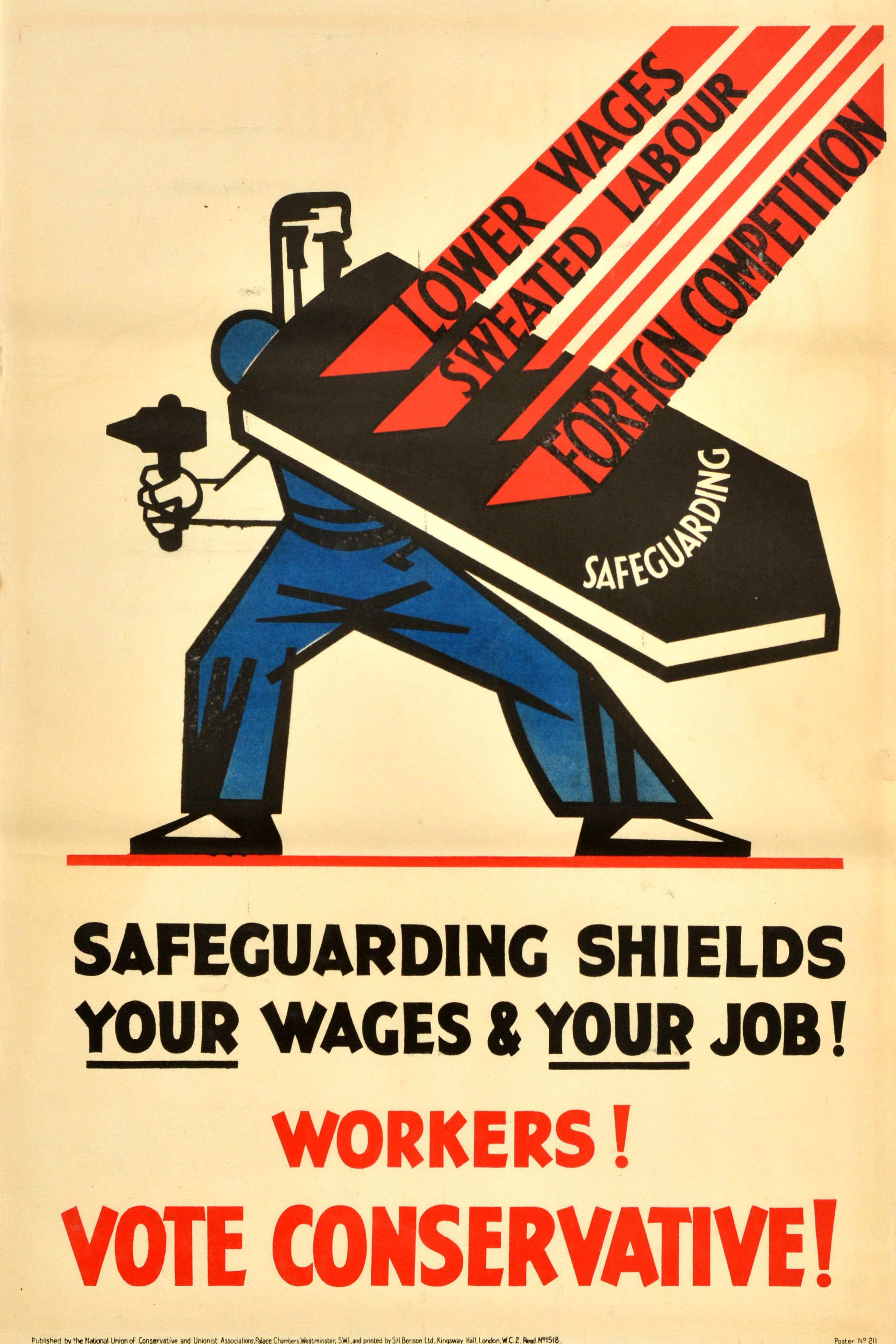 Unknown Print - Original Vintage Political Propaganda Poster  Safeguarding Workers Conservative