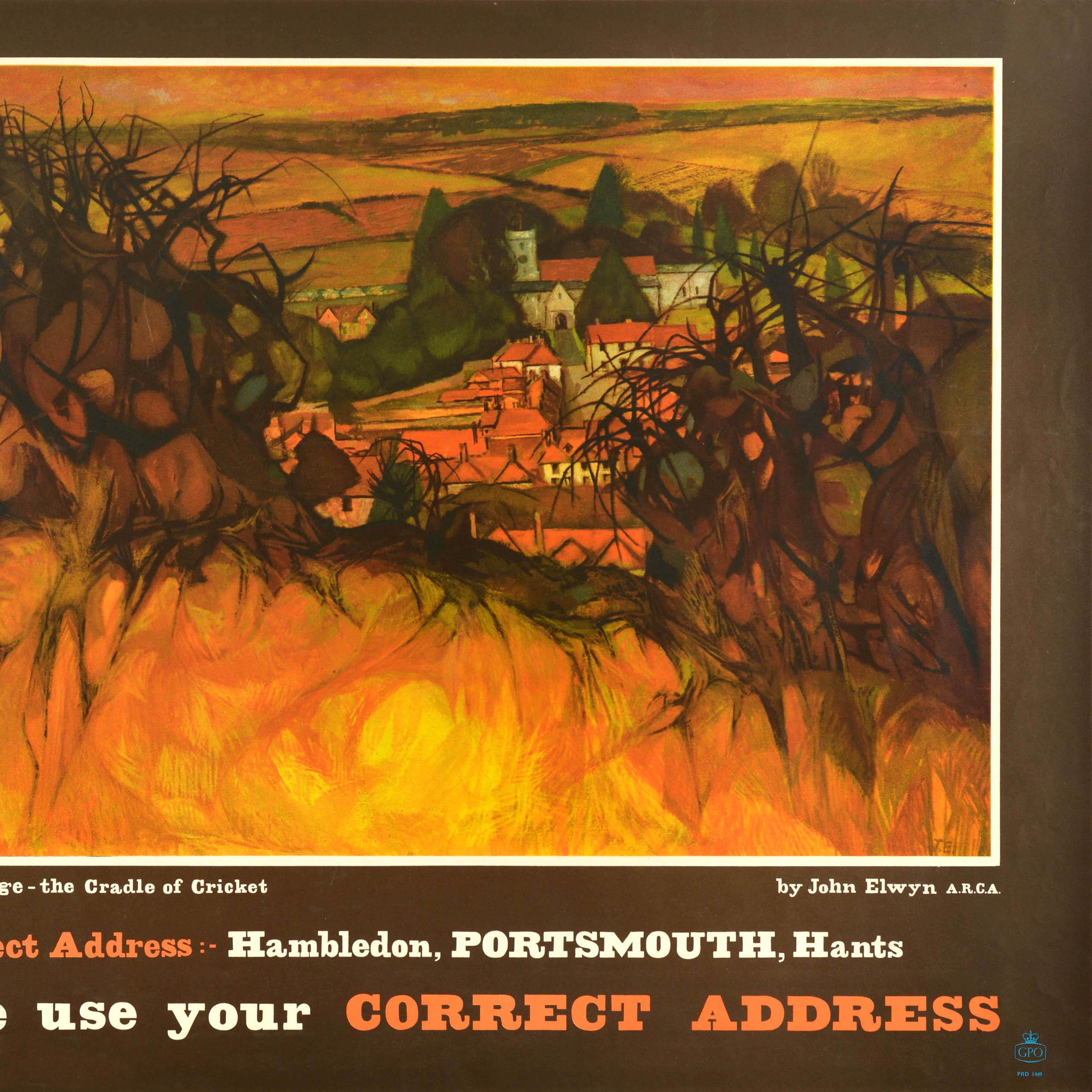 Original vintage General Post Office advertising poster - Hambledon Village the Cradle of Cricket Correct Address: Hambledon, Portsmouth, Hants Please use your Correct Address - featuring artwork by John Elwyn (1916-1997) depicting a view of the