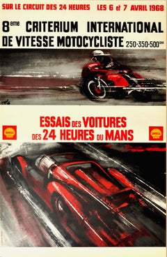 Affiche vintage d'origine 24 Heures Du Mans 1968, Course de voitures de moto, Le Mans Sport