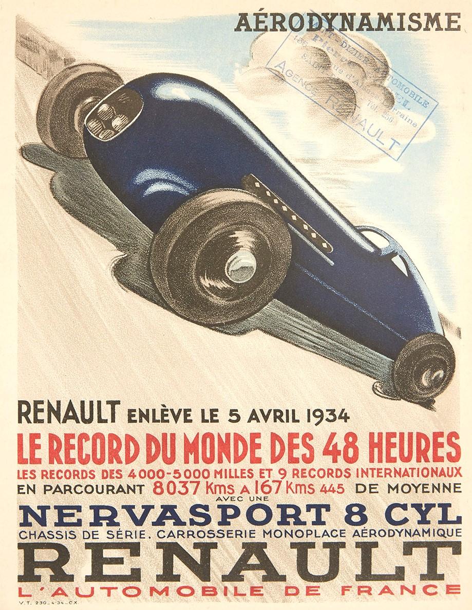 Original Vintage Poster Aerodynamisme Renault Motor Sport Car Racing Record 48hr - Art Deco Print by Unknown