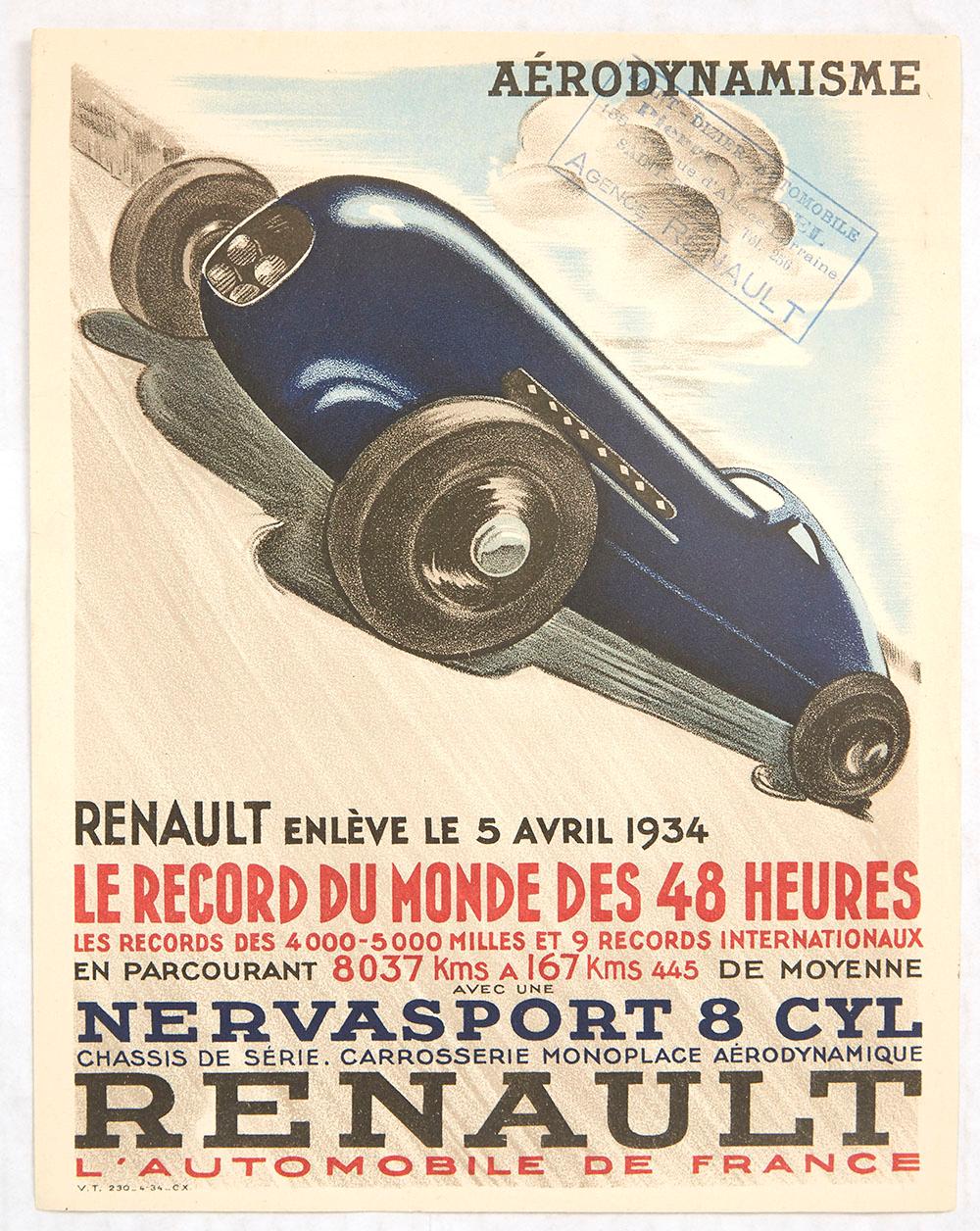 Unknown Print - Original Vintage Poster Aerodynamisme Renault Motor Sport Car Racing Record 48hr