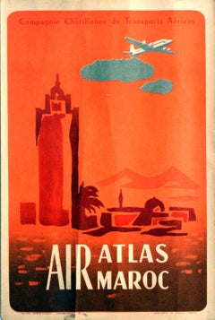 Original Vintage Poster Air Atlas Maroc Casablanca Morocco Aviation Travel Art