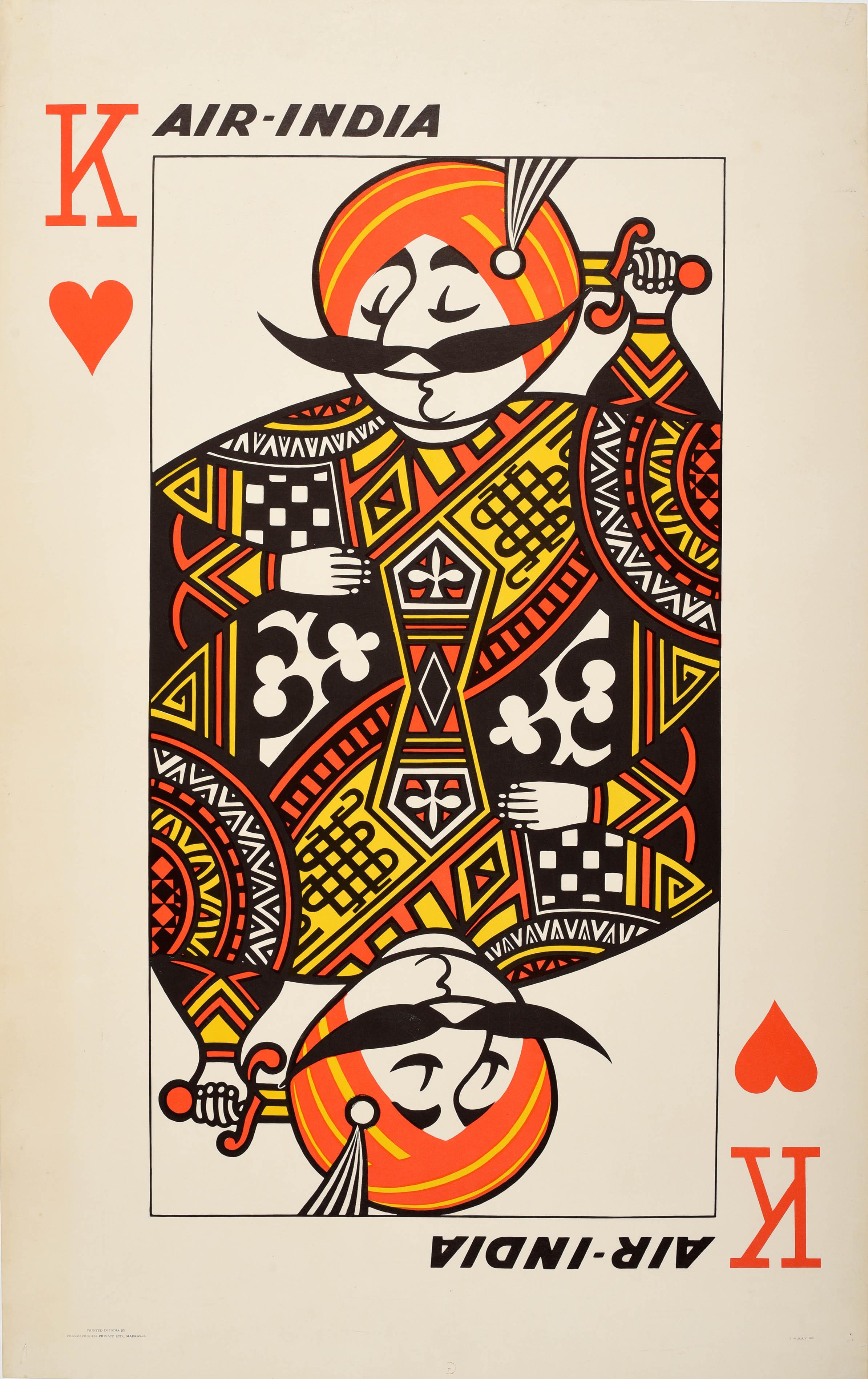 Unknown Print - Original Vintage Poster Air India Maharajah King Of Hearts Playing Card Design