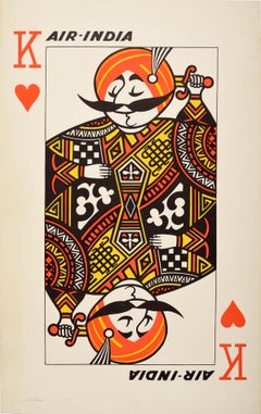 Original Vintage Poster Air India Maharajah King Of Hearts Playing Card Design
