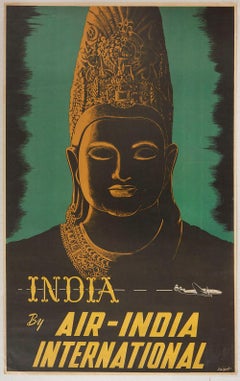 Original Vintage Poster Air India Travel Ft. Buddha Lockheed Constellation Plane