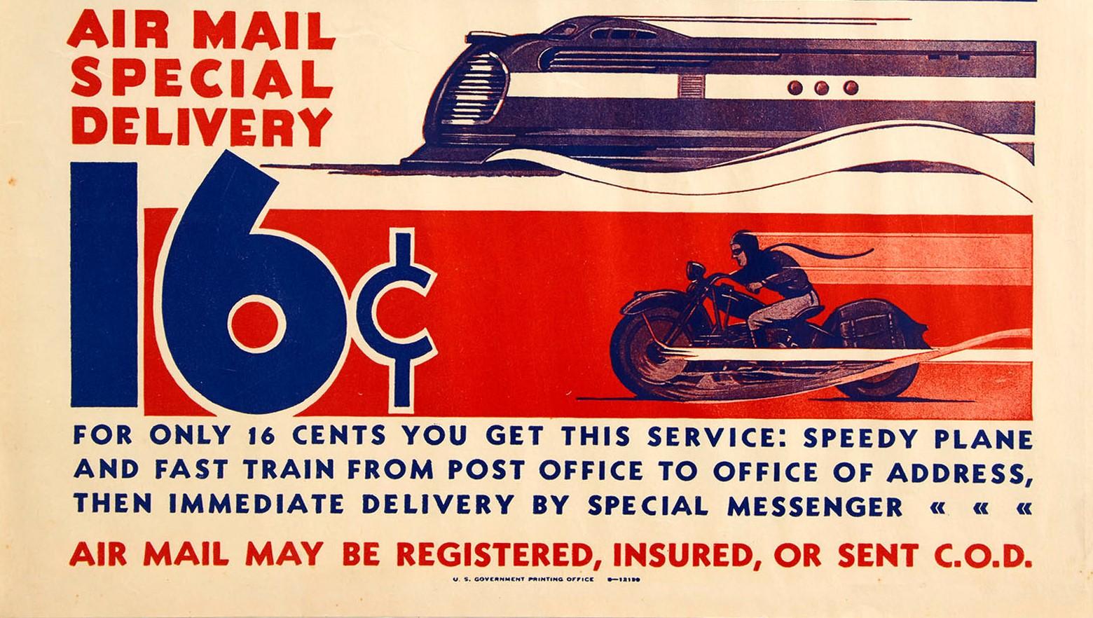 Original Vintage Poster Air Mail Special Delivery US Post Plane Train Motorcycle - Print by Unknown