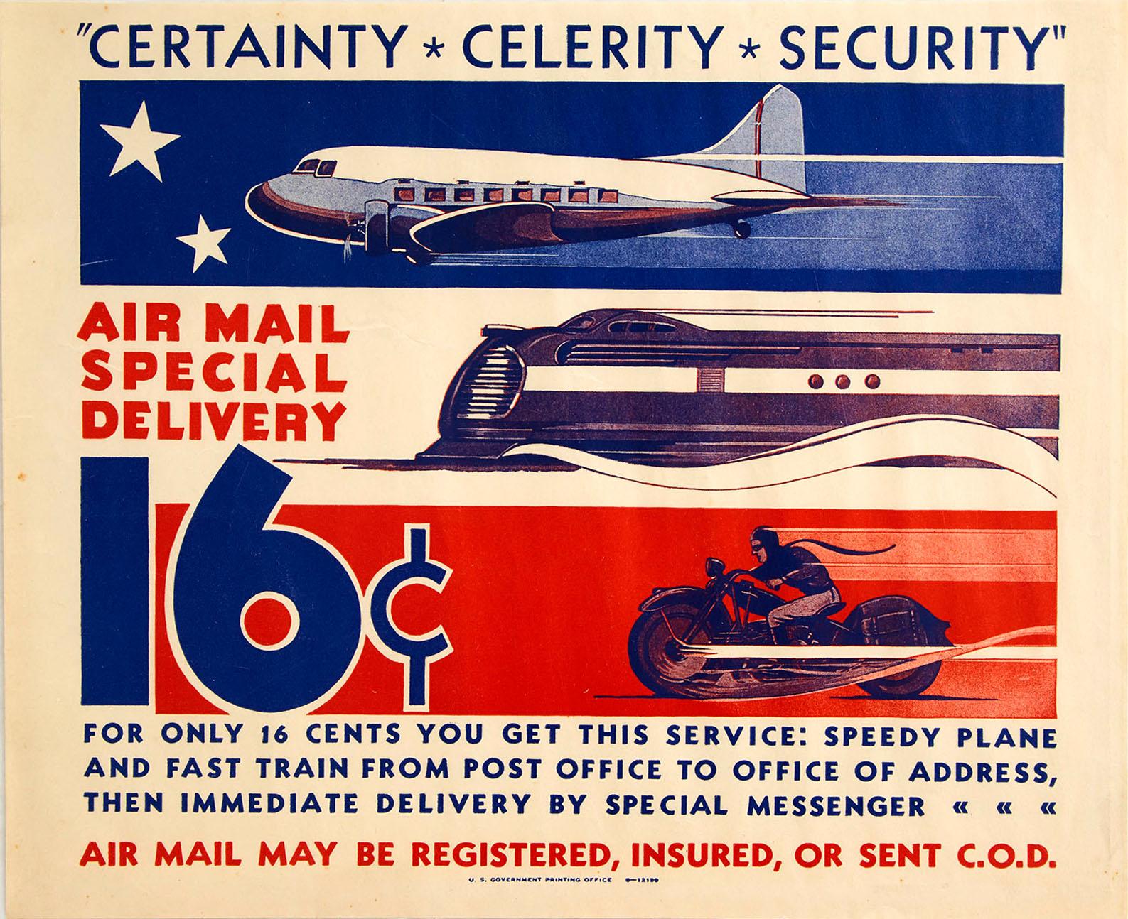 Original Vintage Poster Air Mail Special Delivery US Post Plane Train Motorcycle