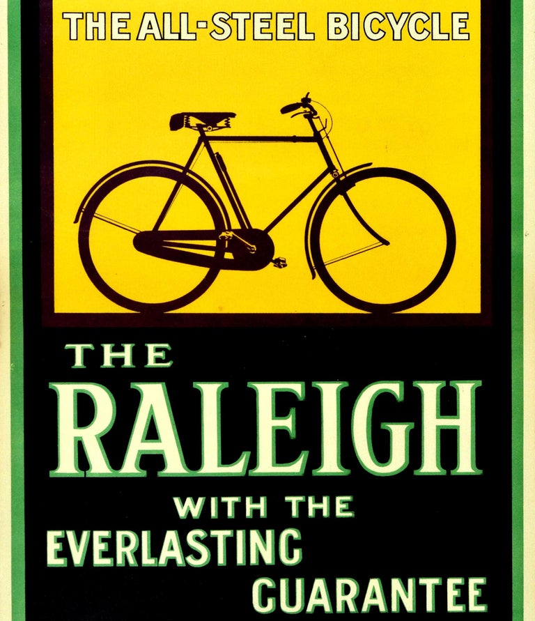 Original vintage advertising poster for The All Steel Bicycle The Raleigh With Everlasting Guarantee featuring a great design of a silhouette of a Raleigh bike on a yellow background with the bold stylised white lettering in the black and green