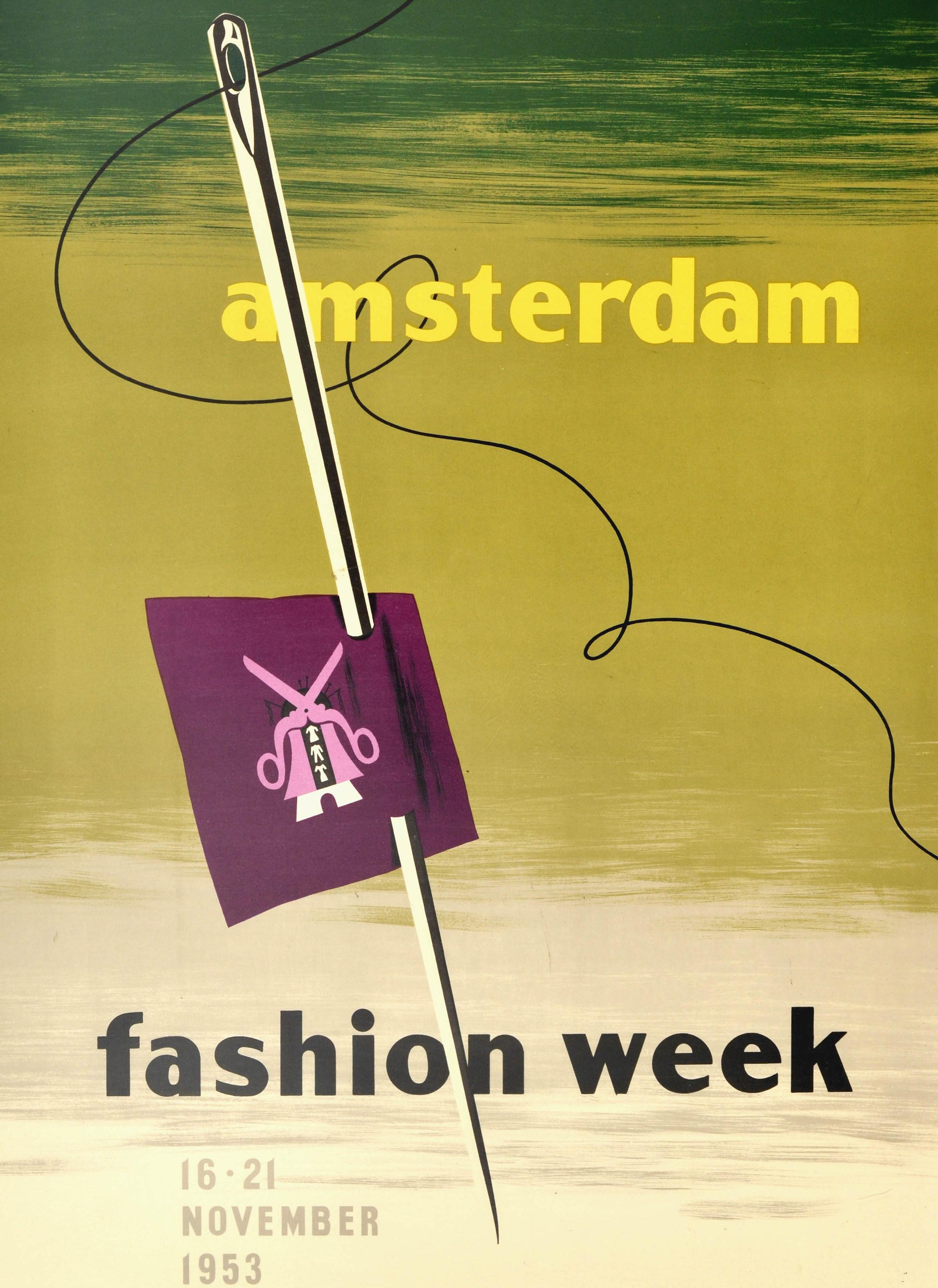 Original vintage advertising poster for the Amsterdam Fashion Week 16-21 November 1953 featuring a great mid-century design of a pair of scissors and images of clothing styles on a purple cloth pierced by a sewing needle diagonally in the centre