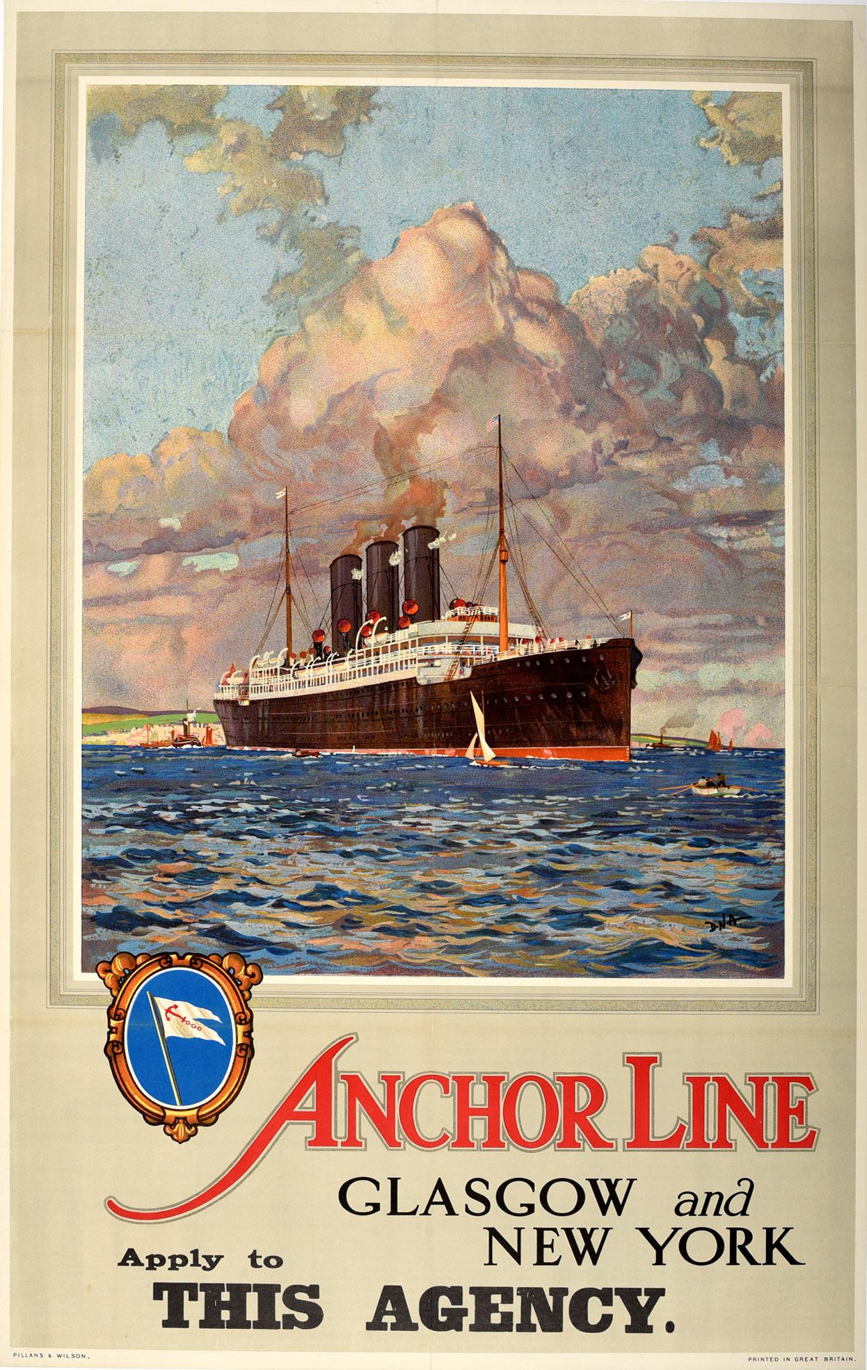Unknown Print - Original Vintage Poster Anchor Line Glasgow New York Ocean Cruise Ship Travel