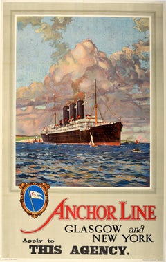 Original Vintage Poster Anchor Line Glasgow New York Ocean Cruise Ship Travel