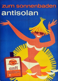Original Vintage Poster Antisolan Zum Sonnenbaden Sunscreen Sunbathing Beach Art
