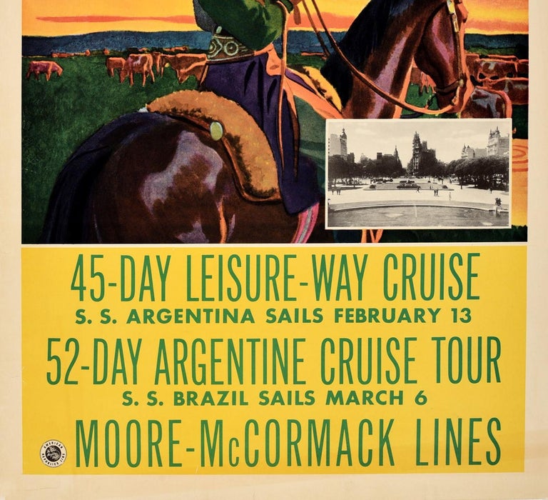 Original Vintage Poster Argentina Land Of Adventure Travel South America Cruise - Orange Print by Unknown