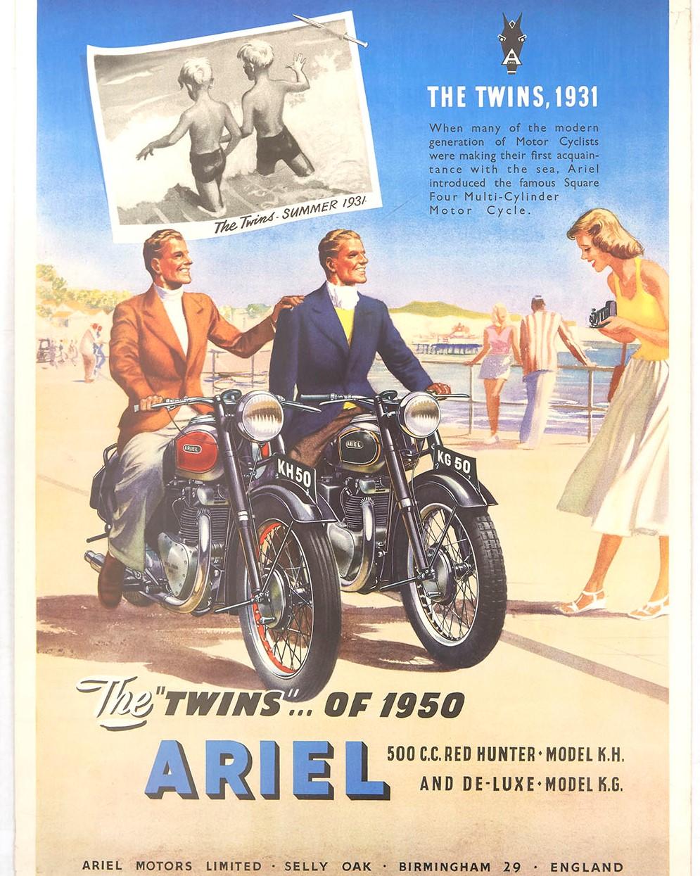 Affiche publicitaire originale d'époque pour la société britannique de bicyclettes et de motocyclettes Ariel Motorcycles (1902-1970) présentant un design amusant représentant deux jeunes hommes élégamment vêtus sur leurs nouvelles motos rouges et