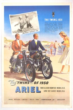 Original Vintage Poster Ariel Motorcycles The Twins Red Hunter Deluxe Models Sea