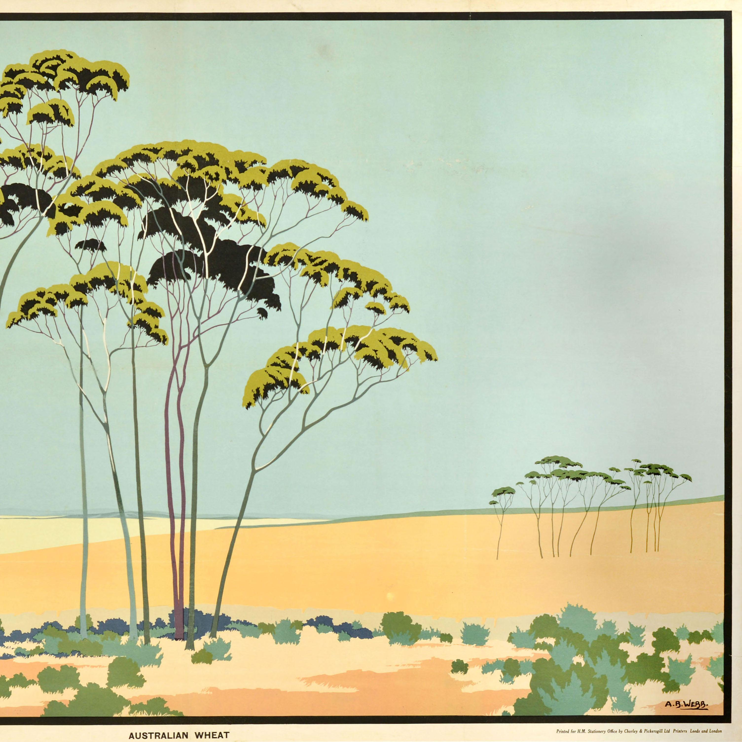 Original vintage poster - Australian Wheat - issued by the Empire Marketing Board (EMB 1926-1933) featuring stunning artwork by Archibald Bertram Webb (1887-1944) depicting an agricultural view of tall trees in pale fields of wheat with the bold