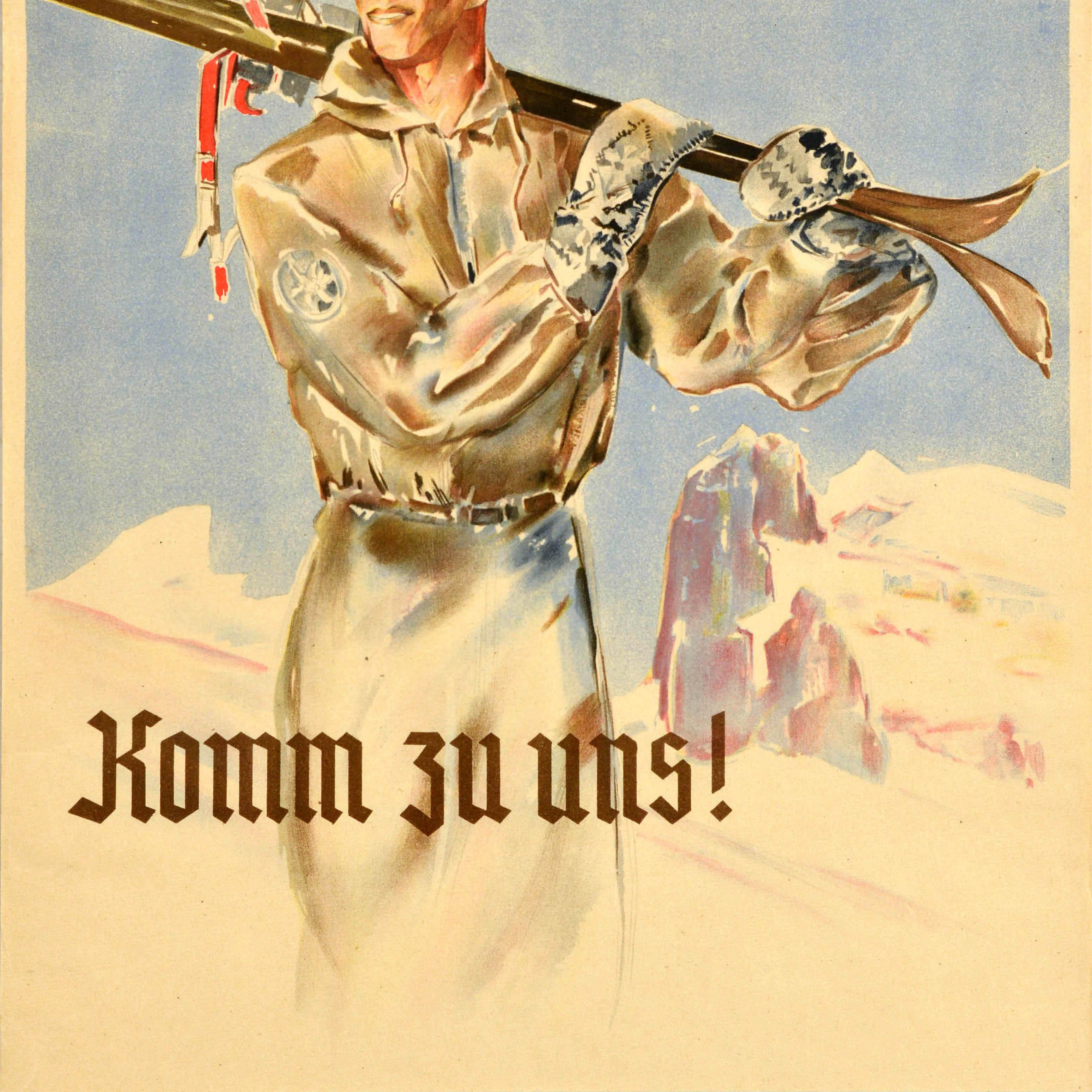 Cartel original de época del Club Alpino Austriaco / Osterreichischer Alpenverein en el que aparece un esquiador con los esquís al hombro y los picos de las montañas nevadas a sus espaldas, el texto estilizado del título encima y debajo a modo de