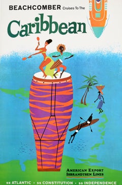 Original Vintage Poster Beachcomber Cruises Caribbean Travel Ship Music Dancing