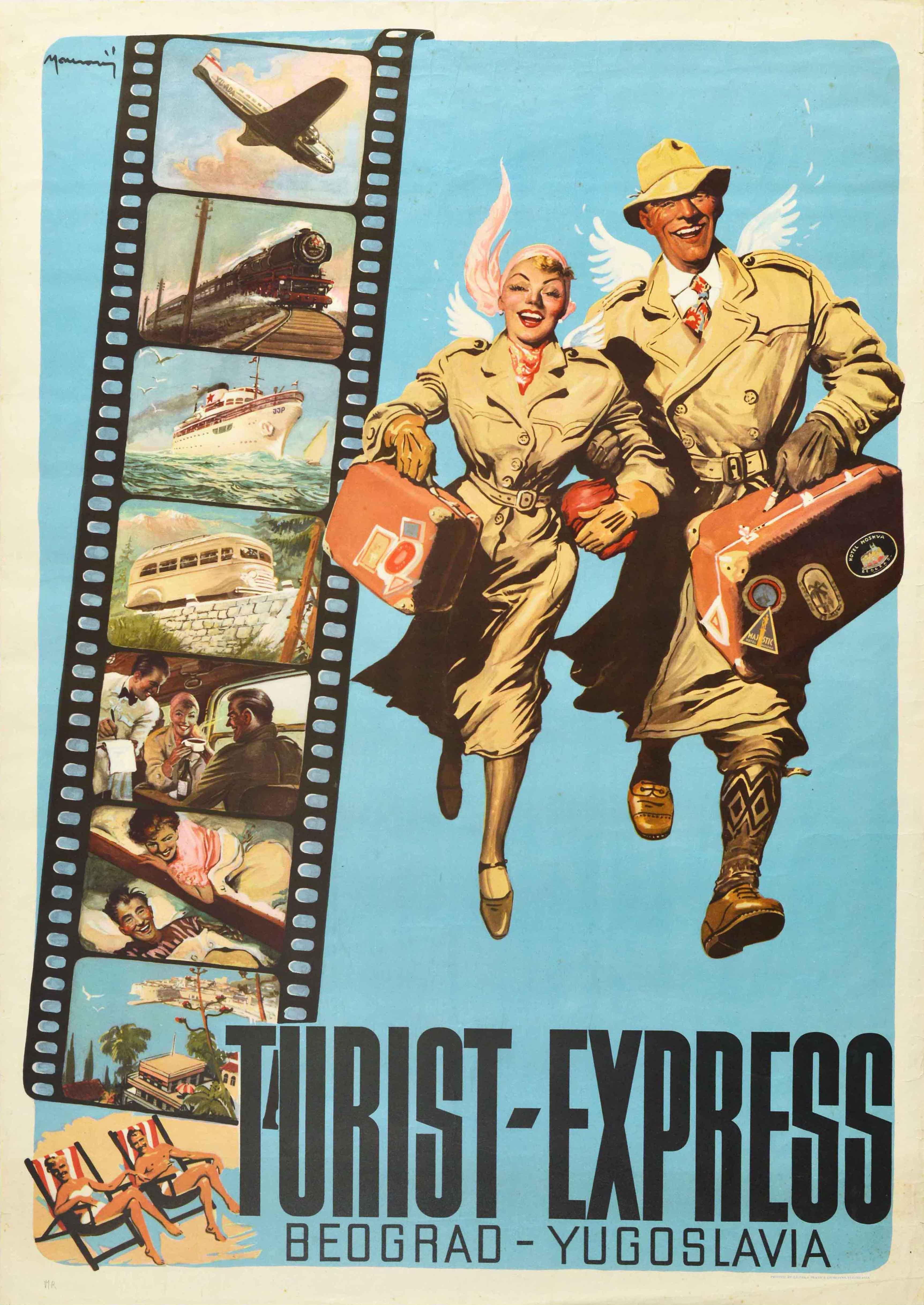 Print Unknown - Affiche rétro originale Belgrade Yugoslavia Turist Express, Dessin de voyage de vacances