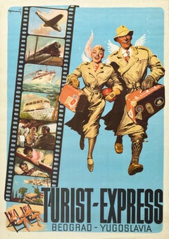 Affiche rétro originale Belgrade Yugoslavia Turist Express, Dessin de voyage de vacances