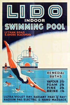 Original Vintage-Poster, Schwarzer Pool, Lido, Indoor, Swimming, Pool, Meereslandschaft, Resort, Spa