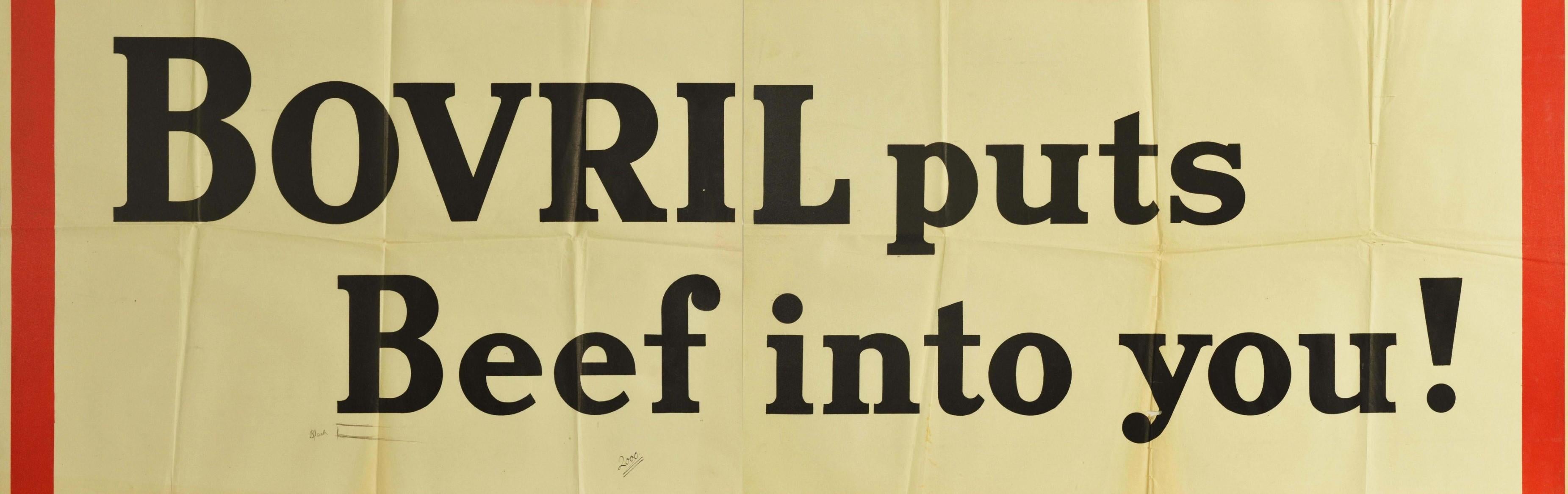 Originales Vintage-Werbeplakat für Bovril - Bovril bringt Rindfleisch in dich! - mit fetten schwarzen Buchstaben auf weißem Hintergrund in einem dicken roten Rahmen. Diese Kampagne wurde in den 1930er Jahren in Großbritannien gedruckt und ähnelt mit