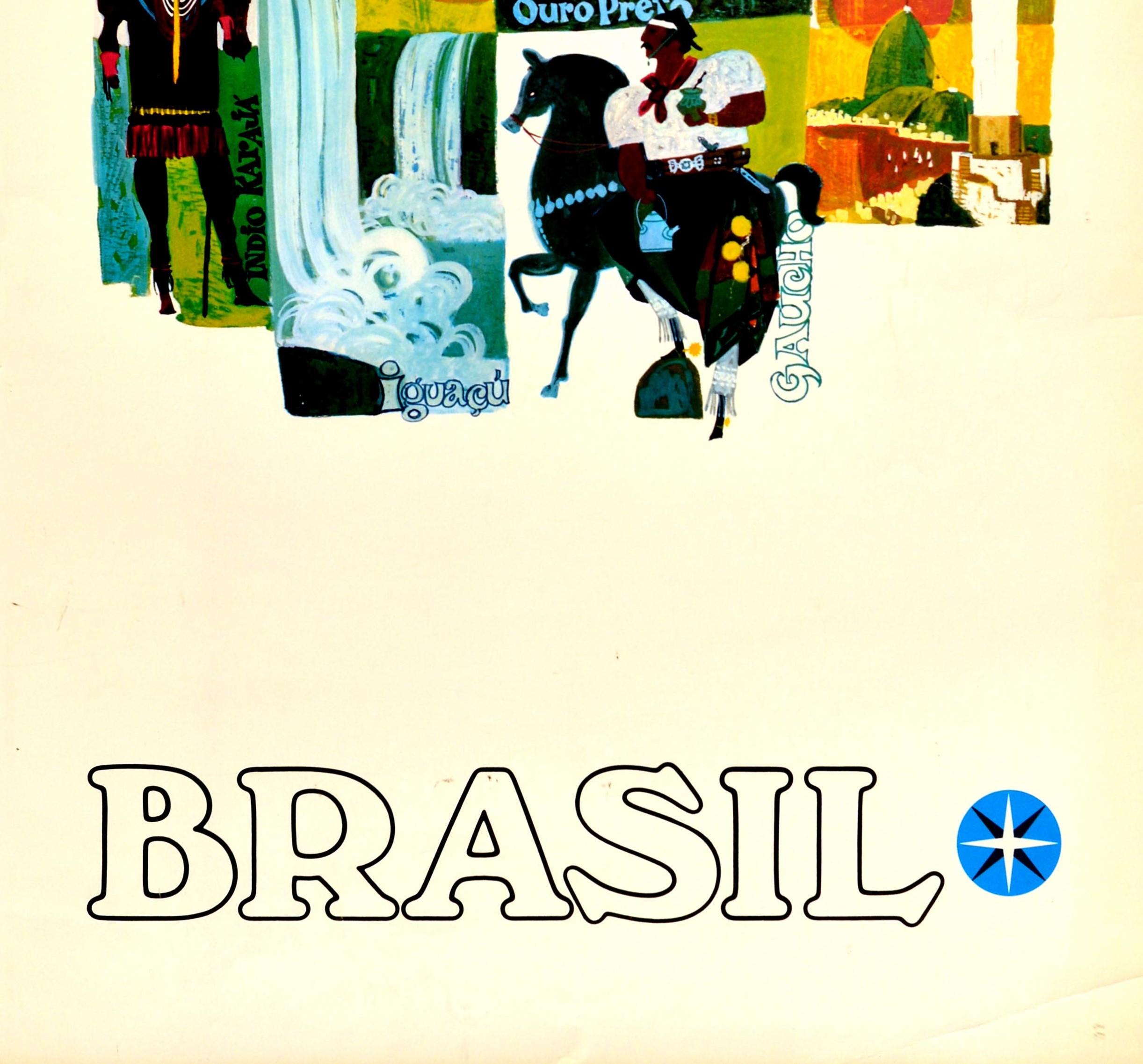Original Vintage-Poster, Brasil, Varig, Reise, Kultur, Brasilien, Rio, Gaucho, Wasserfall (Gelb), Print, von Unknown
