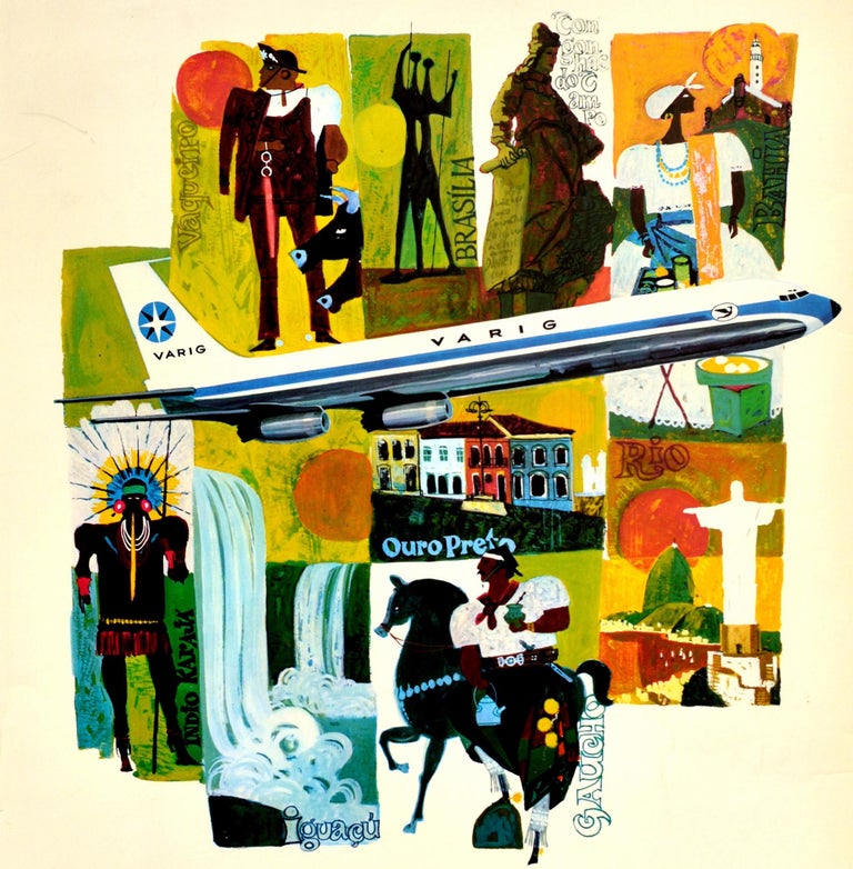 Original vintage airline travel poster for Brasil Varig featuring a colourful design with images representing different places of interest and cultures in Brazil including a vaquero / Mexican cowboy and a bull in front of a red sun, the historical