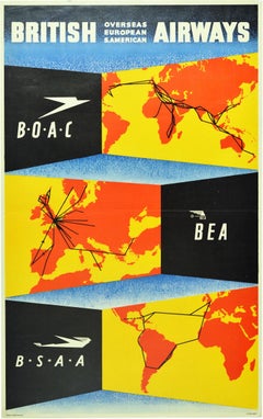 Original Vintage Poster British Airways BOAC BSAA BEA World Route Map Air Travel