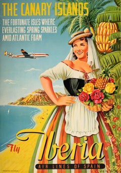 Original Vintage Poster Canary Islands Fly Iberia Airlines Spain Holiday Travel