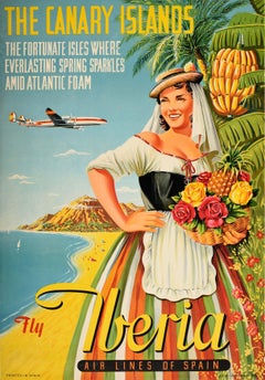 Cartel Original Vintage Canarias Vuela Iberia Airlines España Vacaciones Viaje